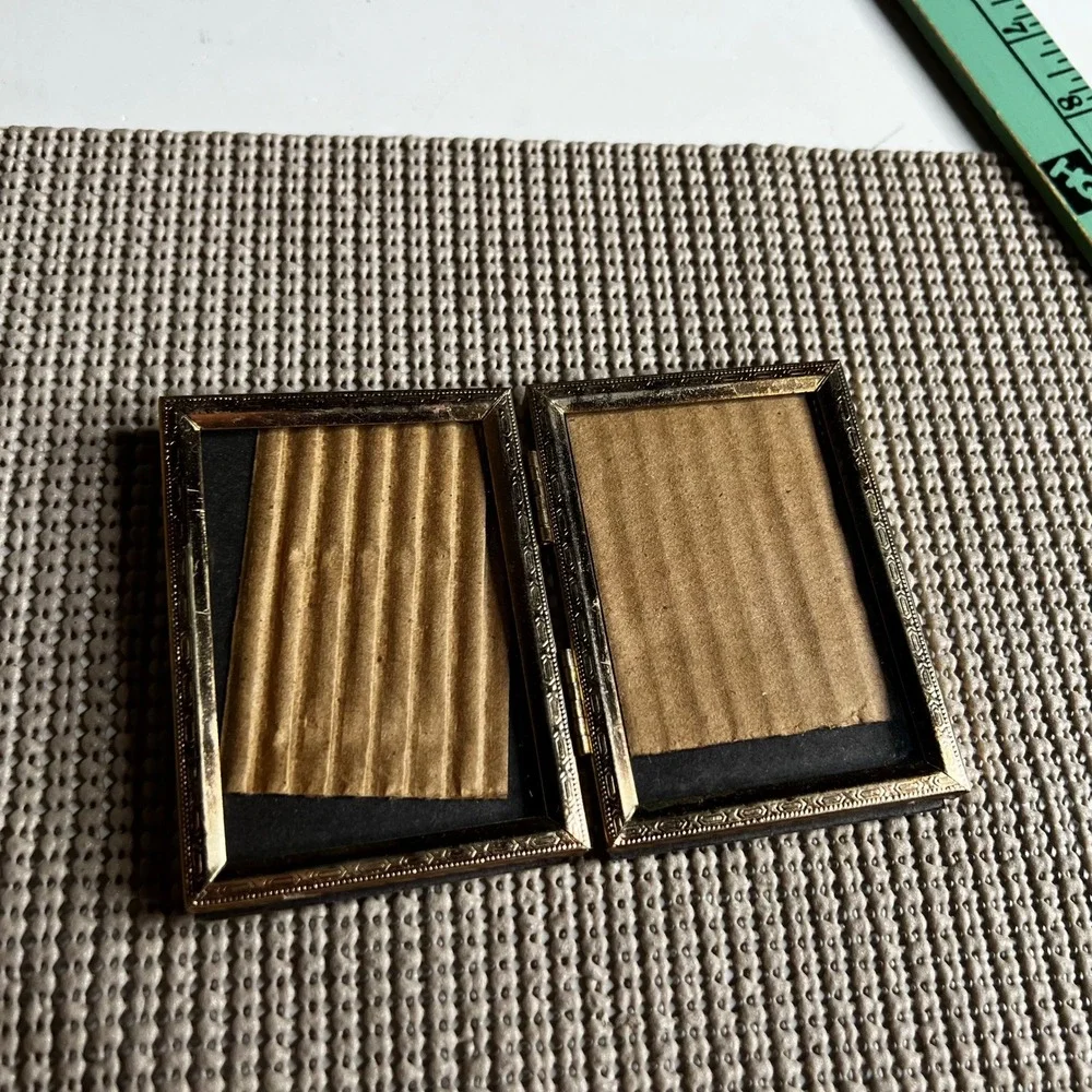 Vintage Gold Etched Metal Folding Double Picture Frame Miniature Travel Size